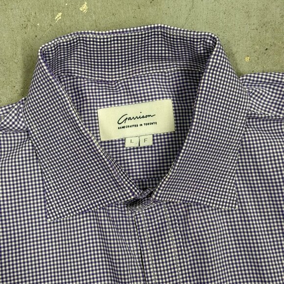 Garrison Bespoke Dress Shirt Hand Made in Toronto Check Blue Cotton Large - Picture 6 of 8